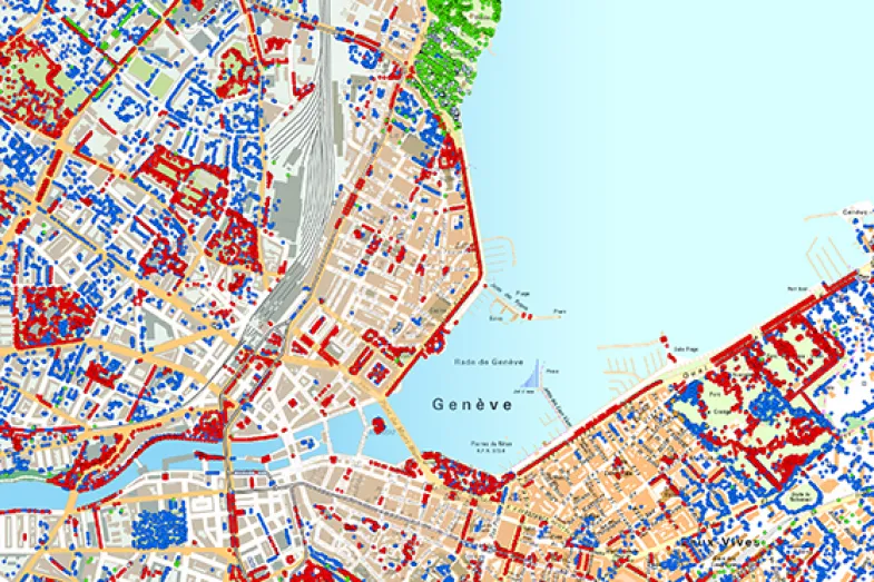 Carte géographique du Canton de Genève avec des points rouges indicateurs