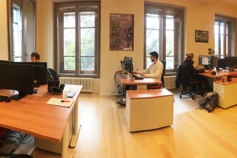 Photo du GISLab - une salle avec trois personnes assises et travaillant sur leur ordinateur