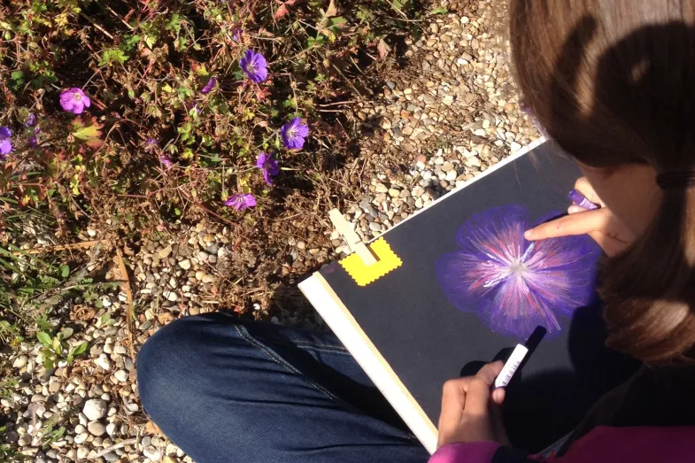 élève participant aux exploration botanico-artistique en train de dessiner une fleur