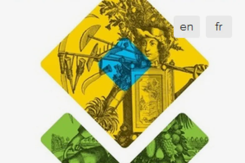 Logo des CJBG en jaune et vert avec des dessin d'ethnobotanique en filligrane