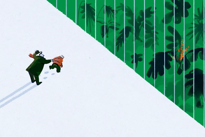 Illustration pour la visite des serres en hiver - une partie blanche avec un père se faisant tirer par la main par son fils et une partie de feuillage vert