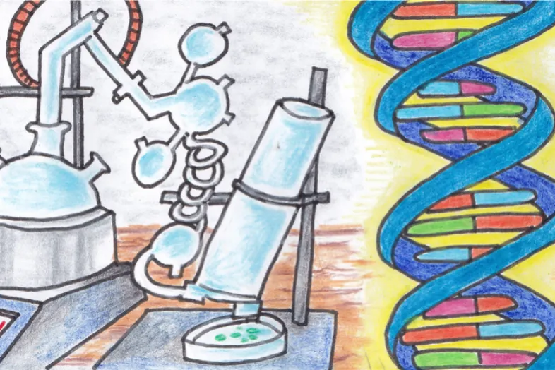 Dessin en couleurs, d'un microscope, d'éprouvettes et sur la droite, dessin de la double hélice de l'ADN.