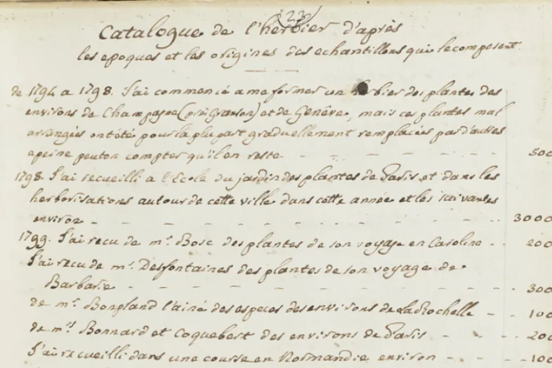 Première page du Catalogue relatant la naissance de l'herbier après la révolution de 1792.